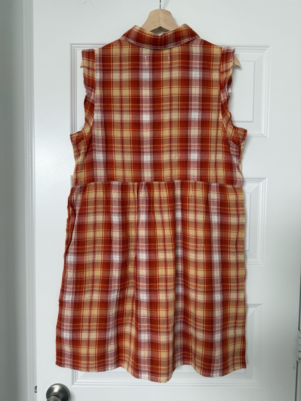 Organic Cotton Summer Dress Medium Aventura Montrose Plaid Yellow Orange Button - Picture 5 of 6